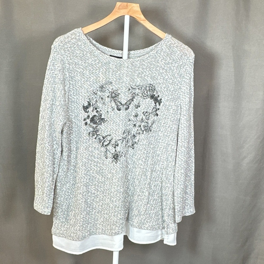 Joe Boxer Womens XL Grey Metallic Knit Butterfly Heart Graphic Layered Hem Top